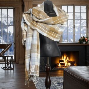 J. Crew Acrylic Plaid Blanket Scarf Blue and Tan with Fringe 24X78
